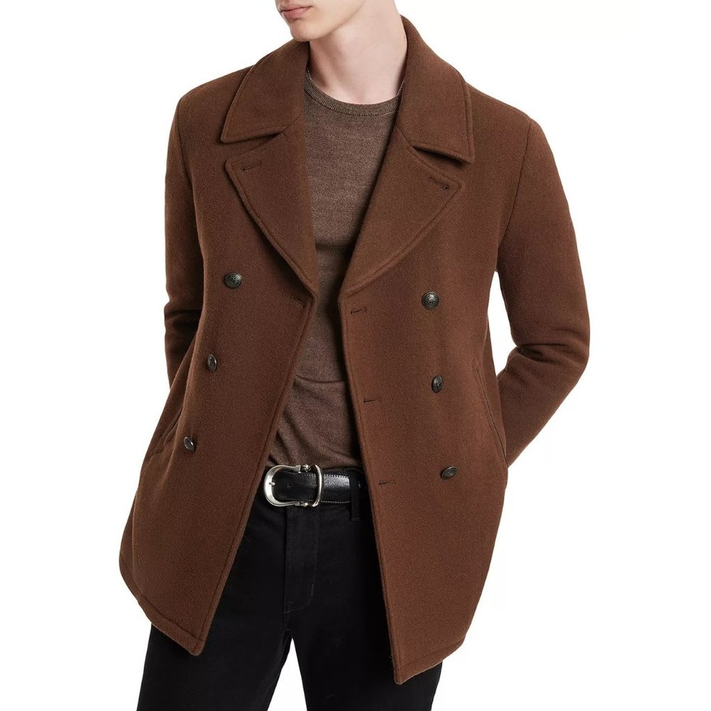 John Varvatos Carlos Wool Blend Double Breasted Pea Coat Mens Brown NWT 698